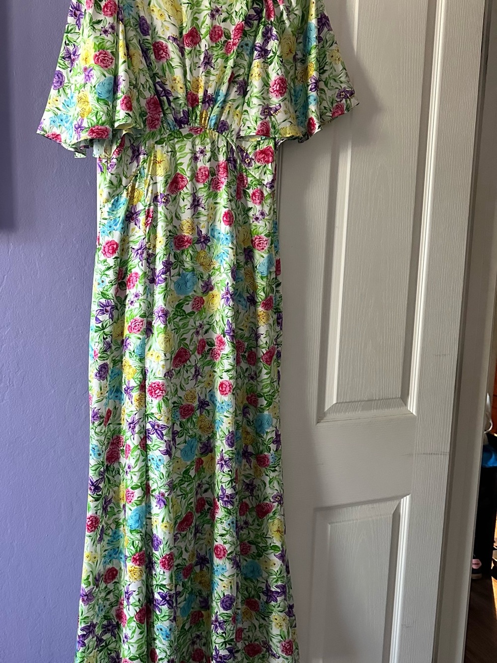 Girls Floral Ruffle Maxi Dress in Cream with Pink & Blue Blooms